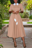 Red Fashion Casual Solid Patchwork Turndown Collar Long Sleeve Dresses