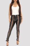 Coffee Fashion Casual Solid Bandage Hollowed Out Skinny High Waist Pencil Trousers