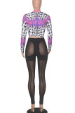 Purple Sexy Print Patchwork See-through O Neck Long Sleeve Two Pieces