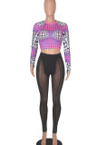 Purple Sexy Print Patchwork See-through O Neck Long Sleeve Two Pieces