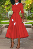 Red Fashion Casual Solid Patchwork Turndown Collar Long Sleeve Dresses