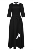 Red Fashion Casual Solid Patchwork Turndown Collar Long Sleeve Dresses