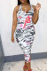 Black White Street Print Graffiti Patchwork U Neck Pencil Skirt Dresses