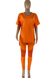 Tangerine Casual Solid Patchwork V Neck Short Sleeve Two Pieces