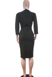 Black Casual Work Elegant Solid Patchwork Slit Turn-back Collar One Step Skirt Dresses(Without Belt)