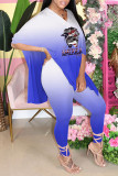 Pink Casual Print Patchwork Slit V Neck Half Sleeve Two Pieces