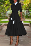 Red Fashion Casual Solid Patchwork Turndown Collar Long Sleeve Dresses