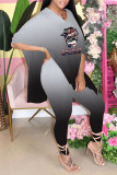 Pink Casual Print Patchwork Slit V Neck Half Sleeve Two Pieces