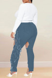 Baby Blue Fashion Casual Patchwork Solid Tassel Ripped Plus Size Jeans