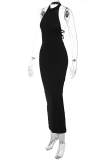 Black Sexy Solid Backless Halter Irregular Dress Dresses