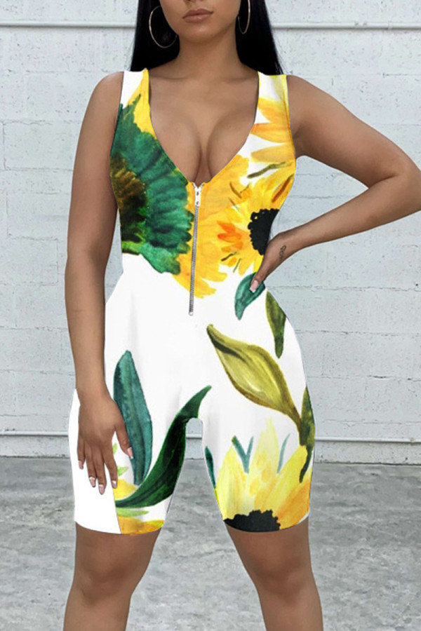White Street Print Patchwork Zipper V Neck Skinny Rompers
