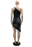 Black Fashion Sexy Patchwork Hot Drilling Tassel Oblique Collar Irregular Dress