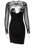 Black Sexy Solid Mesh O Neck Long Sleeve Two Pieces