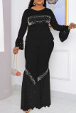 Blue Fashion Casual Patchwork See-through Beading O Neck Long Sleeve Two Pieces