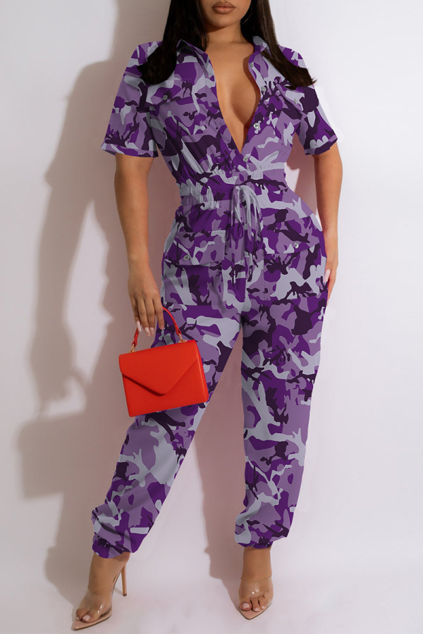 Purple Casual Camouflage Print Patchwork Turndown Collar Harlan Jumpsuits