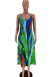 Turquoise Casual Print Patchwork Spaghetti Strap Straight Dresses