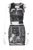Black Sexy Print Patchwork O Neck Sleeveless Two Pieces
