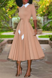 Red Fashion Casual Solid Patchwork Turndown Collar Long Sleeve Dresses