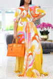 Yellow Fashion Casual Print Patchwork V Neck Short Sleeve Dress