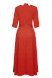 Red Fashion Casual Solid Patchwork Turndown Collar Long Sleeve Dresses