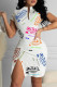 White Sexy Casual Letter Print Slit V Neck Short Sleeve Dress