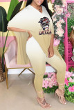 Pink Casual Print Patchwork Slit V Neck Half Sleeve Two Pieces