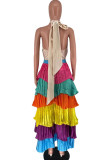 Multicolor Sexy Solid Patchwork Backless Fold Halter Cake Skirt Dresses