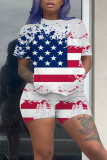Red Blue Casual Print Patchwork O Neck Short Sleeve Two Pieces