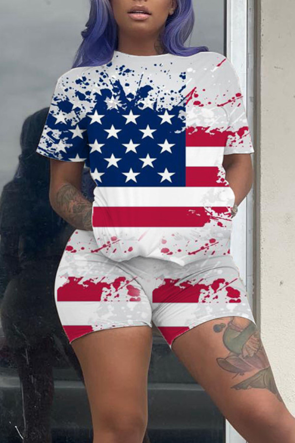 White Casual Print Patchwork O Neck Short Sleeve Two Pieces