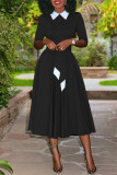 Red Fashion Casual Solid Patchwork Turndown Collar Long Sleeve Dresses