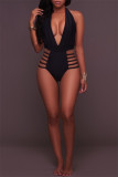 Black Fashion Sexy Solid Bandage Hollowed Out Backless Swimwears (Without Paddings)