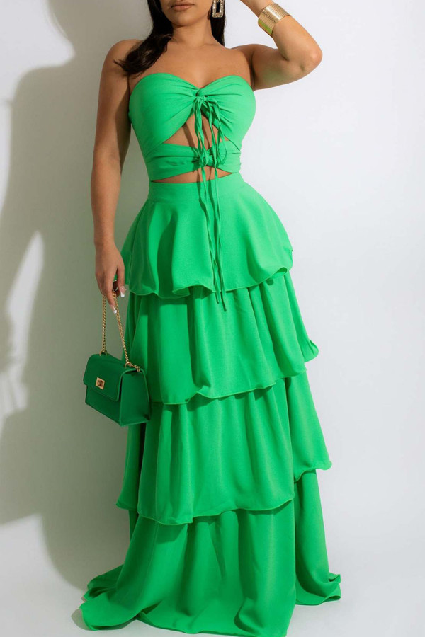 Green Sexy Elegant Solid Bandage Hollowed Out Patchwork Cake Skirt Dresses
