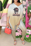 Pink Casual Print Patchwork Slit V Neck Half Sleeve Two Pieces