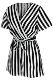 Red Casual Striped Print Bandage Patchwork V Neck Straight Rompers