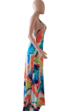 Colour Sexy Print Patchwork Halter Waist Skirt Dresses