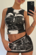 Black Sexy Print Patchwork O Neck Sleeveless Two Pieces