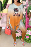Pink Casual Print Patchwork Slit V Neck Half Sleeve Two Pieces