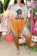 Orange Casual Print Patchwork Slit V Neck Half Sleeve Two Pieces