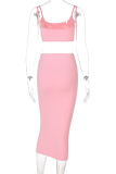Pink Sexy Solid Patchwork Spaghetti Strap Sleeveless Two Pieces