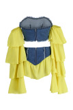 Yellow Fashion Sexy Patchwork Backless Off the Shoulder Long Sleeve Two Pieces