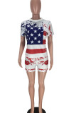 Red Blue Casual Print Patchwork O Neck Short Sleeve Two Pieces