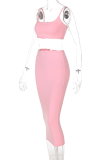 Pink Sexy Solid Patchwork Spaghetti Strap Sleeveless Two Pieces