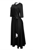Red Fashion Casual Solid Patchwork Turndown Collar Long Sleeve Dresses