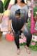 Black Casual Print Patchwork Slit V Neck Half Sleeve Two Pieces