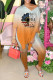 Orange Casual Print Patchwork Slit V Neck Half Sleeve Two Pieces