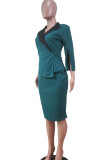 Ink Green Casual Work Elegant Solid Patchwork Slit Turn-back Collar One Step Skirt Dresses(Without Belt)
