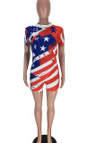Red Blue Casual Print Patchwork O Neck Short Sleeve Two Pieces