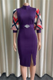 Burgundy Fashion Casual Print Patchwork Slit With Belt Half A Turtleneck Pencil Skirt Dresses