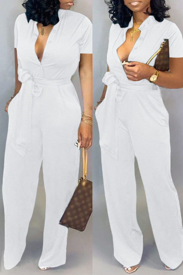 White Fashion Casual Solid Patchwork Half A Turtleneck Regular Jumpsuits