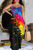 Orange Fashion Sexy Casual Print Backless Spaghetti Strap Long Dress